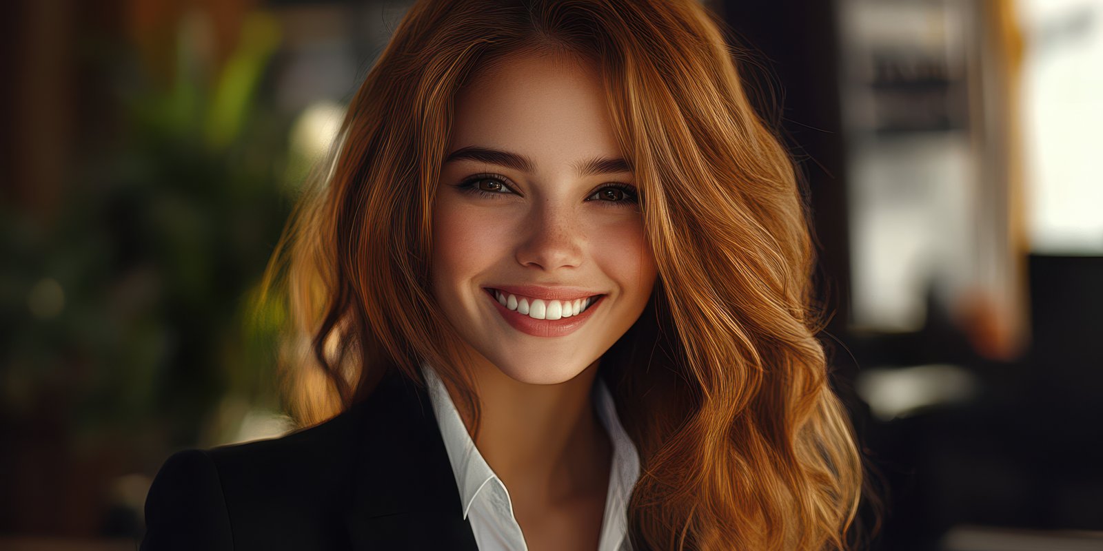 Smiling woman with long wavy hair in a stylish outfit enjoying her surroundings in a warm indoor setting during daytime